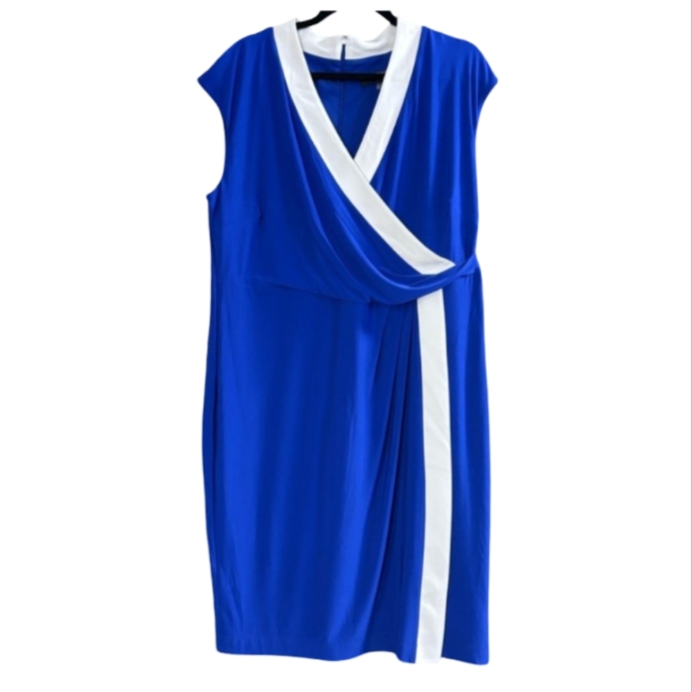 Kasper Faux Wrap Blue and White Midi Dress Size 1X Knit Stretchy #035